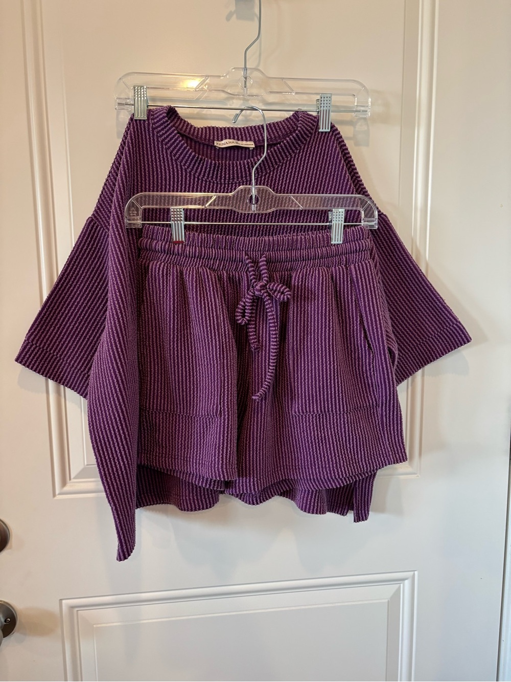 Zenana Outfitters Purple Ribbed Knit Two-Piece Shirt and Shorts Set